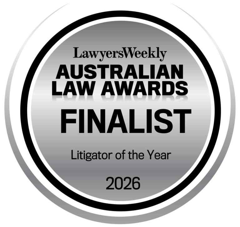 Lawyers Weekly Australian Law Awards 2026 finalist badge for Litigator of the Year.