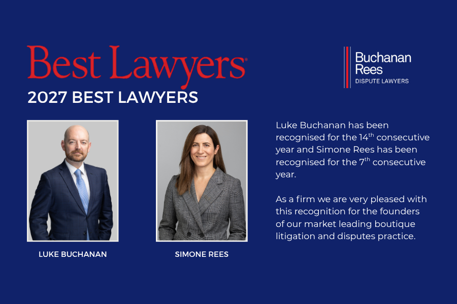 Luke Buchanan and Simone Rees of Buchanan Rees Dispute Lawyers recognised in Best Lawyers Australia 2027 for Litigation